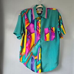 PREO-City Girl Short Sleeved Dress Shirt Green w/Multicolor Geometric Design